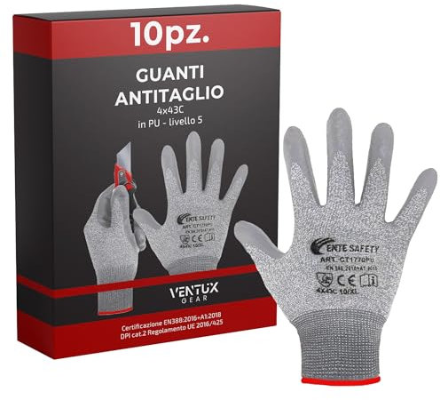 Guanti Antitaglio 4x43C Protezione Livello 5 || Certificazione EN388 || Guanti da Lavoro || Resistenti e versatili || ideali per lavori di Giardinaggio-Cucina-Fai da te || 10 paia (L)