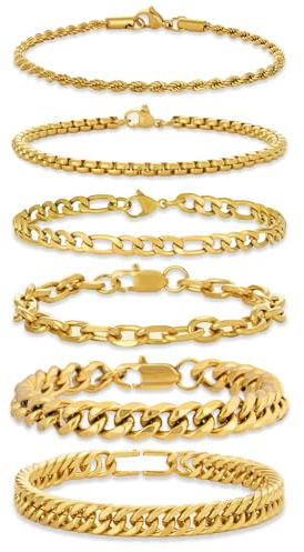 GUJOXILA 6 Stück Herren Armband Edelstahl Armbänder Gold Herrenarmbänder für Männer Jungs Kubanische Armband 19cm/21cm/23cm Kette Länge für Hip Hop Rapper Geschenke für Ehemann Papa Sohn