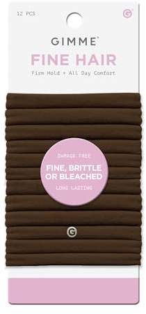 Gimme Beauty Fine Hair Elastic Bands - Slim-Fit Elastic Ties for Fine, Brittle, or Bleached Hair - No-Dent, Gentle-Grip Ponytail Holders for All-Day Comfort - 12 Pack, Light Brown