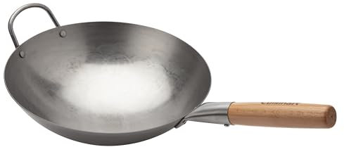 Cuisinart 12” Carbon Steel Hammered Wok, Traditional Round Bottom, Stir Fry Pan with Wooden & Helper Handle for Authentic Asian Cuisine, Wok HEI Cooking Perfect for Stir-Fry, Sauté & Deep Fry
