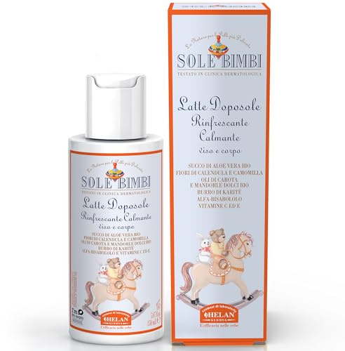 Helan, Sole Bimbi, Leche After Sun Niños, Crema Hidratante Corporal y Facial con Áloe Vera, Crema Después del Sol con Flores de Caléndula y Manzanilla, Aceite de Jojoba, de Oliva y Vitamina E - 150 ml
