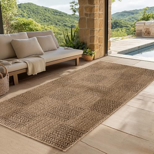 SIMPEX Outdoor Teppich Läufer 80x150 cm Wetterfest Pflegeleicht Jute Natur Optik Karo Design für Flur Eingang Küche Terrasse Balkon