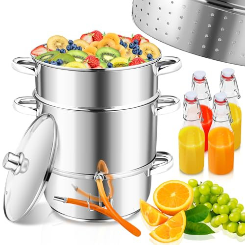 Ollewiellan Exprimidor de vapor Ø26, 16 L, acero inoxidable, incluye 4 botellas de planchado, adecuado para todo tipo de cocinas, zumo suave de frutas y verduras, apto para lavavajillas, color