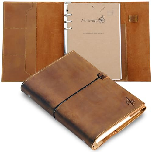 Wanderings A5 Leather Binder Journal – Handcrafted 6 Ring Organizer with Pockets – Leather Planner with Planner Inserts – 2026/27 Monthly Calendar | A5 6 Ring Binder Filofax Compatible – 15cm x 22cm