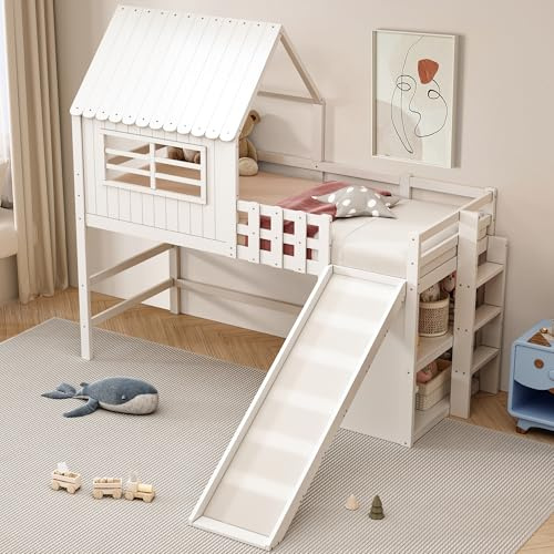 Wyibwy Letto a soppalco per bambini 90x200cm,con scaletta di sicurezza e scivolo di sicurezza,Letto a castello con vani portaoggetti multilivello,letto in legno massello con finestre e tetto,bianco