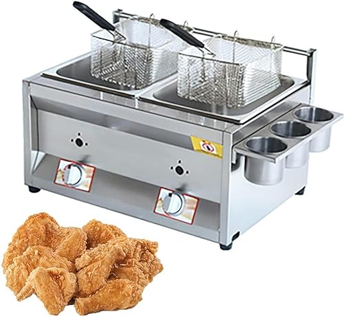 HPTHLY Friteuse À Gaz Professionnelle, Double Friteuse Gpl en Acier Inoxydable 10 L + 10 L, Contrôle De Température sur Pied, avec 2 Paniers À Friture, pour Cuisine De