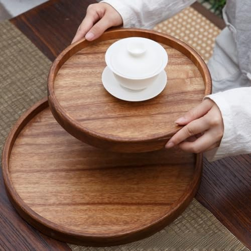 Plateau de service à thé en noyer naturel de style japonais pour café, dessert et thé sec, surface lisse finie à la main avec poignées ergonomiques (rond, 32 cm)