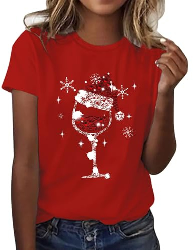 Christmas Shirts Womens Tops UK Casual Short Sleeve Crew Neck Tunic Shirts Funny Xmas Tree Red Wine Glass Cow Print Blouse Dressy Trendy Lightweight Holiday Clothes Comfy T Shirt