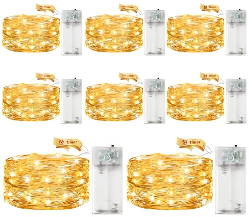 ALEGRE 8 st. LED-ljuskedja batteri med timer, 2 m 20 LED mikro koppartråd LED-ljuskedja med timer, varmvit ljuskedjor inomhus batteridriven för jul, halloween, nyårsafton, bröllopsdekoration