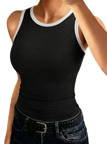 Aottori Débardeur Femme Col Rond Côtelé Haut sans Manches Contrasté Été | Doux et respirant, texture côtelée extensible, contraste moderne, tenue ajustée, confortable au quotidien