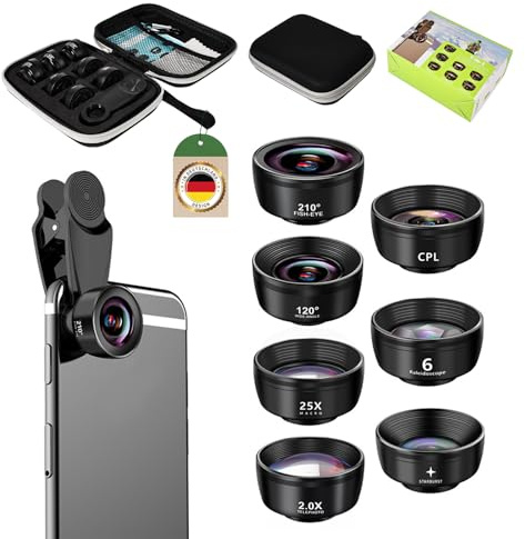 TENWANEY 7 in 1 Handy Kamera objektiv，Fischaugenobjektiv 210° Weitwinkel 120° Makroobjektiv (25x) Sternfilter Telephoto, Kaleidoscope,CPL/Star Filter für iPhone und die meisten Smartphones（Grau）