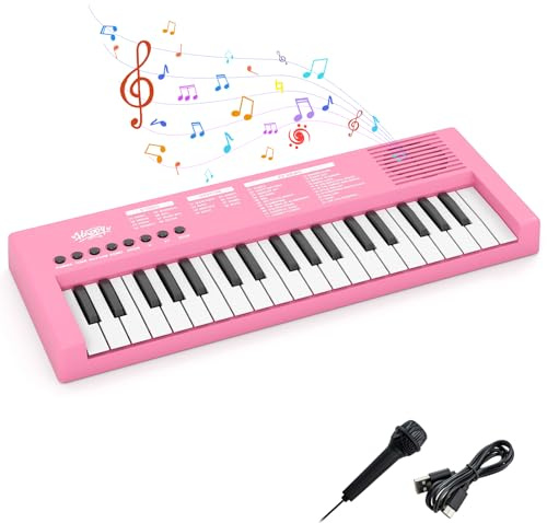 COSTWAY 37 Tasten Keyboard Kinder, tragbares Kinderklavier mit 8 Rhythmen, 8 Klangfarben & 22 Demos, Kinderpiano elektronisch, E-Piano Klaviertastatur mit Mikrofon für Kinder ab 3 Jahren (Rosa)