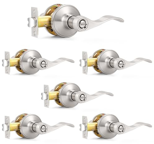Probrico Privacy Door Levers Interior Door Handles Levers, Wave Style Bed Bath Door Handles Lock Keyless, Satin Nickel Door Lever Lockset 6 Pack