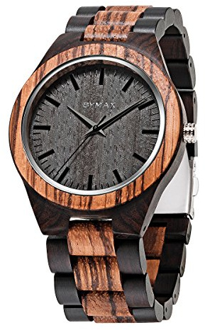 BYMAX Men Wood Watch Quartz, Fashion Handmade Wooden Wrist Watches Mens, Zebra Black