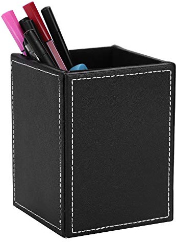 LONTG Leather Pen Pot Pen Cup Square Pencil Holder Stand Display Desktop Stationery Organiser Makeup Brush Holder Remote Control Holder with Anti-Slip Mat for Business Office Supplies School Home
