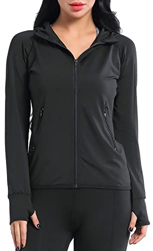 AMZSPORT Donna Felpa Sportiva Manica Lunga Giacca con Cappuccio con Zip Slim Fit con Fori per i Pollici e Tasche Laterali Nero M