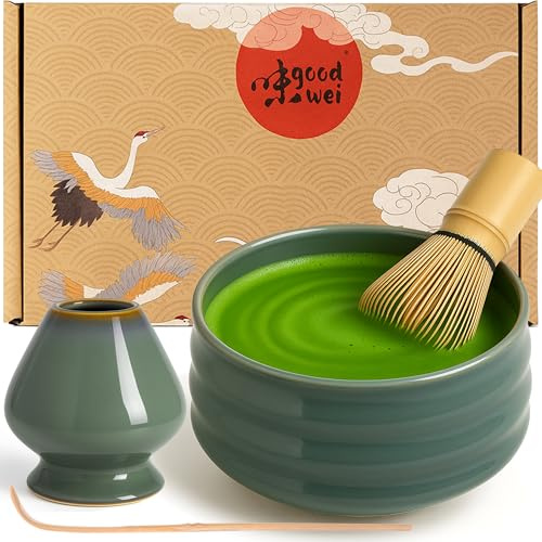 Goodwei Matcha Kit con Frusta Matcha, Ciotola Matcha e Supporto Frusta in ceramica con lo stesso design | Tazza Matcha Chawan tradizionale, 430 ml | The Matcha Set Regalo (80, Menouseki)