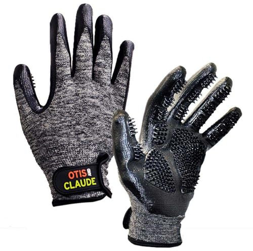 Otis & Claude Fellpflege-Handschuhe mit verstellbarem Riemen - Sanfter und bequemer Haarentferner, Baden, Massage, Bürste - Links & rechts - für Katzen, Hunde & Pferde