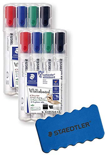 STAEDTLER Lumocolor Whiteboard-Marker Set mit 4 Farben, Keilspitze 2x 4 Stück Keilspitze + Löscher