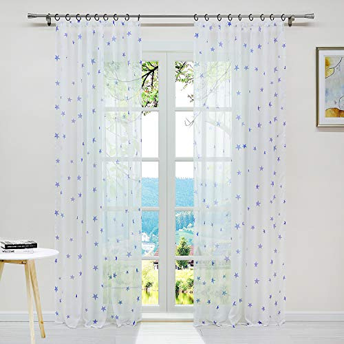 ESLIR Gardinen mit Kräuselband Gardinenschal Transparent Wohnzimmer Vorhänge mit Sterne Muster Modern Voile Blau BxH 140x225cm 1 Stück