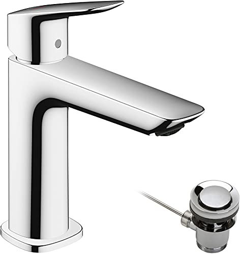 hansgrohe Waschtischarmatur Logis, Wasserhahn Bad mit Auslauf Höhe 110 mm, mit Zugstange, Badarmatur wassersparend, Chrom