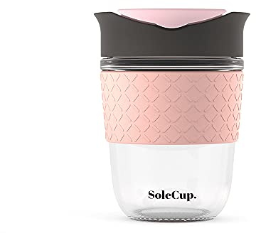 SoleCup. - Reusable Strengthened Glass Travel Cup - Spill Proof Coffee Mug - 12oz/340ml BPA-Free Hot Drink Travel Mug with Lid & Silicone Band (Grey and Pink, 12oz / 340ml)