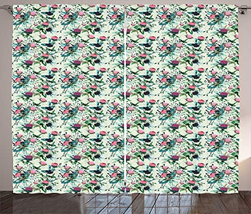 ABAKUHAUS Blumen Rustikaler Vorhang, Clovers in Aquarell Stil, Wohnzimmer Universalband Gardinen mit Schlaufen und Haken, 280 x 225 cm, Getrocknete Rosen Farn-Grün