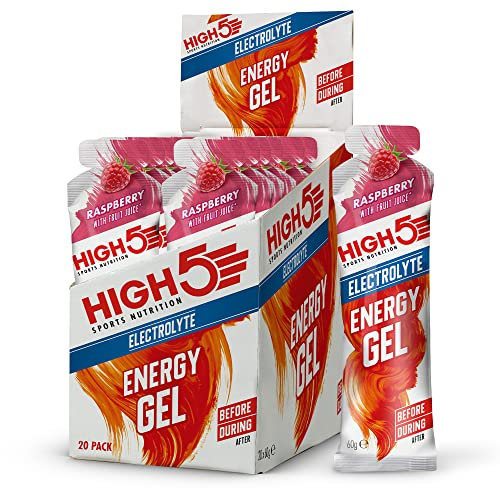 HIGH5 Energy Gels with Electrolytes - Quick Release Sports Gels for Peak Performance - Natural Fruit Juice & Caffeine-Free - Energy Boost for Running, Cycling, Endurance (Raspberry, 20 x 60g)