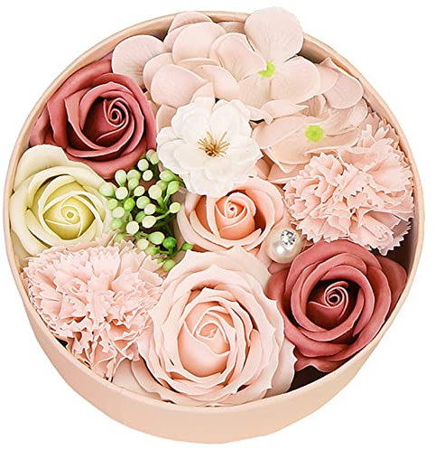 XuanMax Fleurs de Savon avec Boîte Cadeau Ronde Fleurs de Cerisier＆Hortensia＆Carnation＆Rose Pétale Parfumée Savon Bouquet de Bain Corps pour Anniversaire Saint-Valentin Fête des Mères - Pink