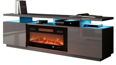 Mirjan24 TV Schrank Lostino mit Elektrischem Kamin, Realistische LED-Flamme, Elektrischer Kamin mit Heizung, TV Lowboard (mit LED Beleuchtung Graphit/Graphit Hochglanz)