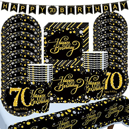 70 Ans Vaisselle Anniversaire Noir Or, Femme Homme Vaisselle de Fête avec Carton Assiettes, Serviette Papier, Gobelet, Nappe, Bannière, Decor Fête Anniversaire Adultes 70 (16 Invités)