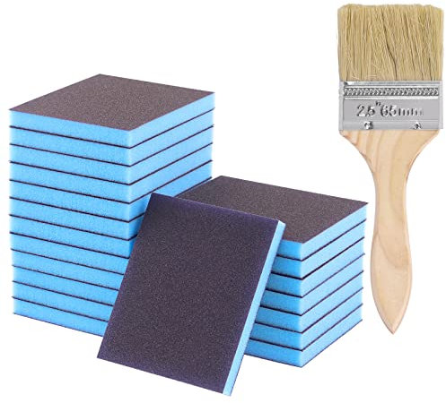 Glarks 21-teiliges Schleifschwamm-Set mit Körnung 100, enthält 20 Stück 120 x 100 x 12 mm, wiederverwendbare und waschbare Schleifblöcke mit 1 Pinsel für Holz, Metall, Farbe und Trockenbau
