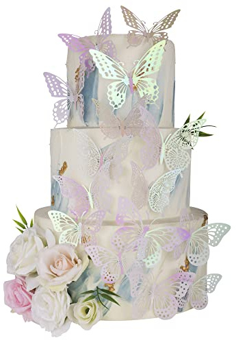 Gyufise Laser Light Pink Butterfly Cupcake Toppers Hollow Art 3D Butterfly Cupcake Decorations Baby Shower Wedding Anniversary Kids Birthday Party Cake Wall Decorations Supplies 36Pcs