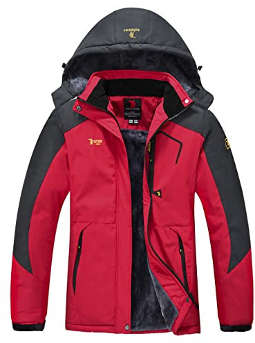 YSENTO Damen Winter Fleece wasserdichte Skijacke Outdoor Verdickte Softshell Warm Winddicht Wandern Funktionelle Atmungsaktive Jacke mit Abnehmbarer Kapuze(Rot,2XL)