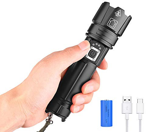 Torcia LED Torce tattiche ricaricabili USB LED Super Bright 7000 Lumen .2 Torcia più luminosa Torcia militare ad alta potenza Zoomabile 5 modalità con display di alimentazione e batteria ricaricabile