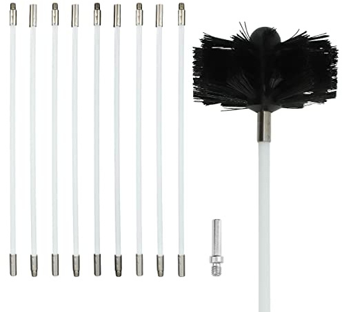 Kaminbürste Stange Set, Ofenrohrbürste Reinigungsset enthält 9 flexible Stangen, 1 Bürstenkopf und 1 Sechskantstange für Akku Bohrmaschine