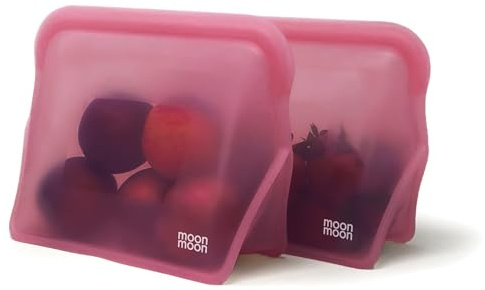 Moonmoon Silikon-Lebensmittelbeutel, wiederverwendbar, BPA-frei, Lebensmittelaufbewahrung für Mahlzeiten, spülmaschinen- und mikrowellengeeignet, 2er-Set, Rosa (1500 ml)