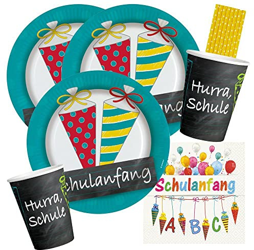 spielum 44-teiliges Party-Set Schulanfang - Teller Becher Servietten Trinkhalme für 8 Personen