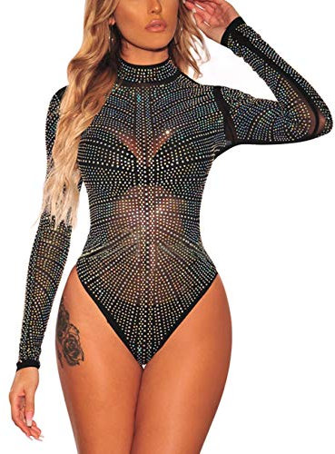 MAYFASEY Damen Schillernde Strass Nieten Mock Neck Bodysuit Sexy Jumpsuits Mesh Top, Schwarz, L