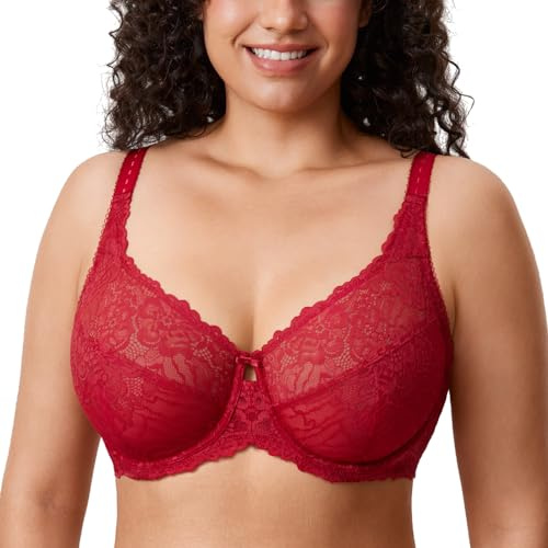 DELIMIRA Women's Plus Size Minimizer Bras Full Coverage Lace Unlined Underwire Bra B-K Cups Dark Red 36I