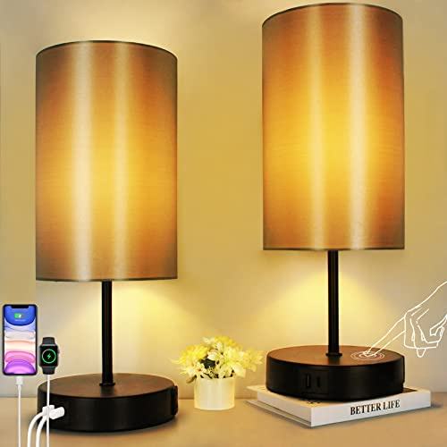 Allesgute 2er Set Nachttischlampe Touch Dimmbar E27 Tischlampe mit 2 USB Ladefunktion, 3-Wege Dimmbare Tischleuchte Schwarz mit Schirm für Geschenk Schlafzimmer Büro, inkl. 6W Warmweiß | Tischlampe Mit 2 USB Ladeports, 3 Helligkeitsstufen Touch Bedienung, inkl. 6W Warmweiß LED, für Schlafzimmer Büro