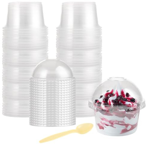 STARVAST 100 Stück Dessertbechern 250 ml/8 oz Dessertschalen-Set, Mit 100 Suppenlöffeln 100 Deckel, Dessertschalen mit Deckel Wiederverwendbar für Mousse, Pudding, Eis, Buffets, Dessertparty, Picknick