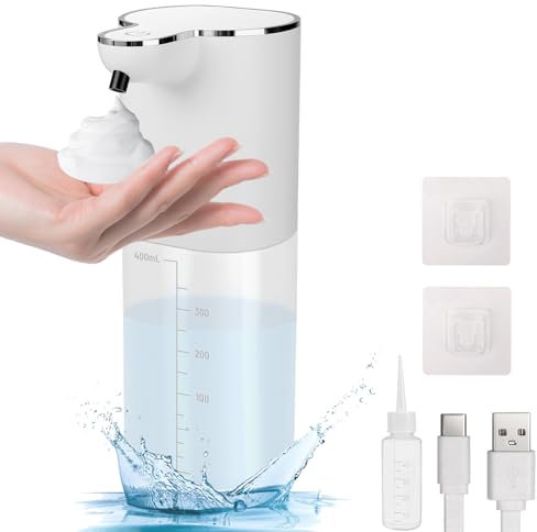 Mkitnvy Distributeur Savon Automatique, 400ML Distributeur Savon Mural sans Percage, 4 Réglables Niveaux, USB Rechargeable, IPX5 Étanche Distributeur Automatique pour Cuisine Salle de Bain (Mousse)