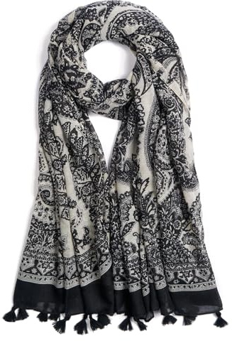 QIUTIMIY Schals für Damen Dünn Blumenmuster Bunte Schals und Tücher Halstuch mit Quasten für Frühling Sommerschal(Schwarz Beige)
