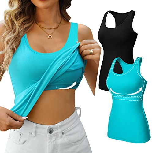 V for CITY hyll-BH för kvinnor linne brottarrygg träning Camis yoga skjorta bomull undertröja 2-pack, Svart Aqua/Hylla BH, S