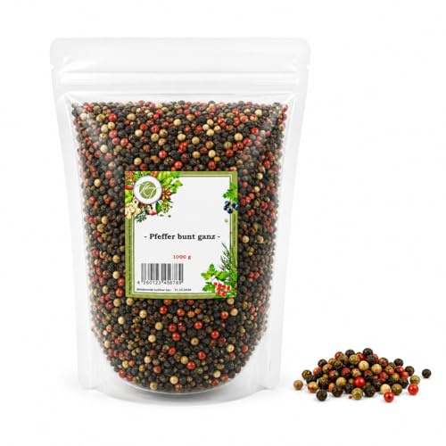 K T 1000 g / 1 Kg Pfeffer bunt ganz - Pfefferkörner - Perfekt für Mühle & Mörser
