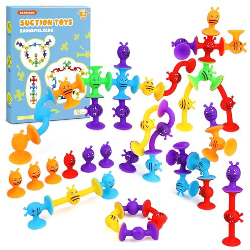 ECHOCUBE 42 Stück Saugnapf Spielzeug, Silikon Saugnapf Badewannenspielzeug für Kinder ab 3 Jahren, sensorisches Saugspielzeug, Stressabbau-Spielzeug, Reisespielzeug für Kinder und Erwachsene