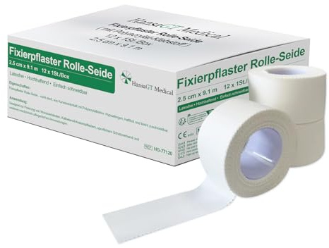 HansaGT Medical Silk - Hochwertiges, Poröses Vlies Heftpflaster Rolle, 12 Rollen (2.5 Cm X 9.1 M) Atmungsaktiv & Hautfreundlich. Ideal Zum Fixieren Von Verbänden Und Wundauflagen.
