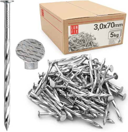 Drallnägel 3 x 70 mm - 5kg (ca. 1250 stk.) verzinkter Holzschraubennägel Drahtstifte Twistnägel 3 x 1/8 Zoll Drallschaft Schraubnägel 70mm lang Flachkopf Nägel für Holz