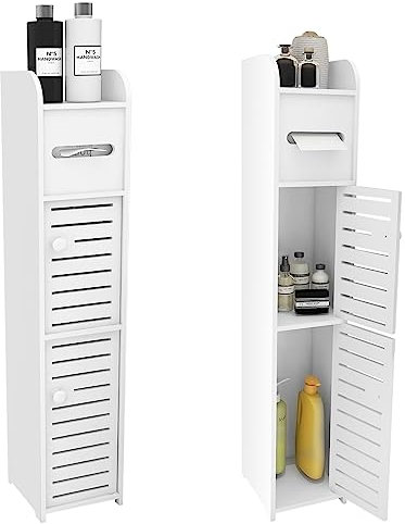WODFARR Supporto per carta igienica per armadio e WC, porta scopino per WC, mobile da bagno su piedistallo in legno, piccolo mobiletto portaoggetti per WC (17 x 15 x 78 cm)